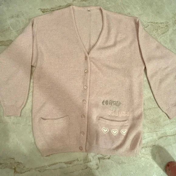 Vintage Italian Angora Wool Cardigan Pink “Comme Les Fleurs” Embroidered Hearts - Picture 2 of 10